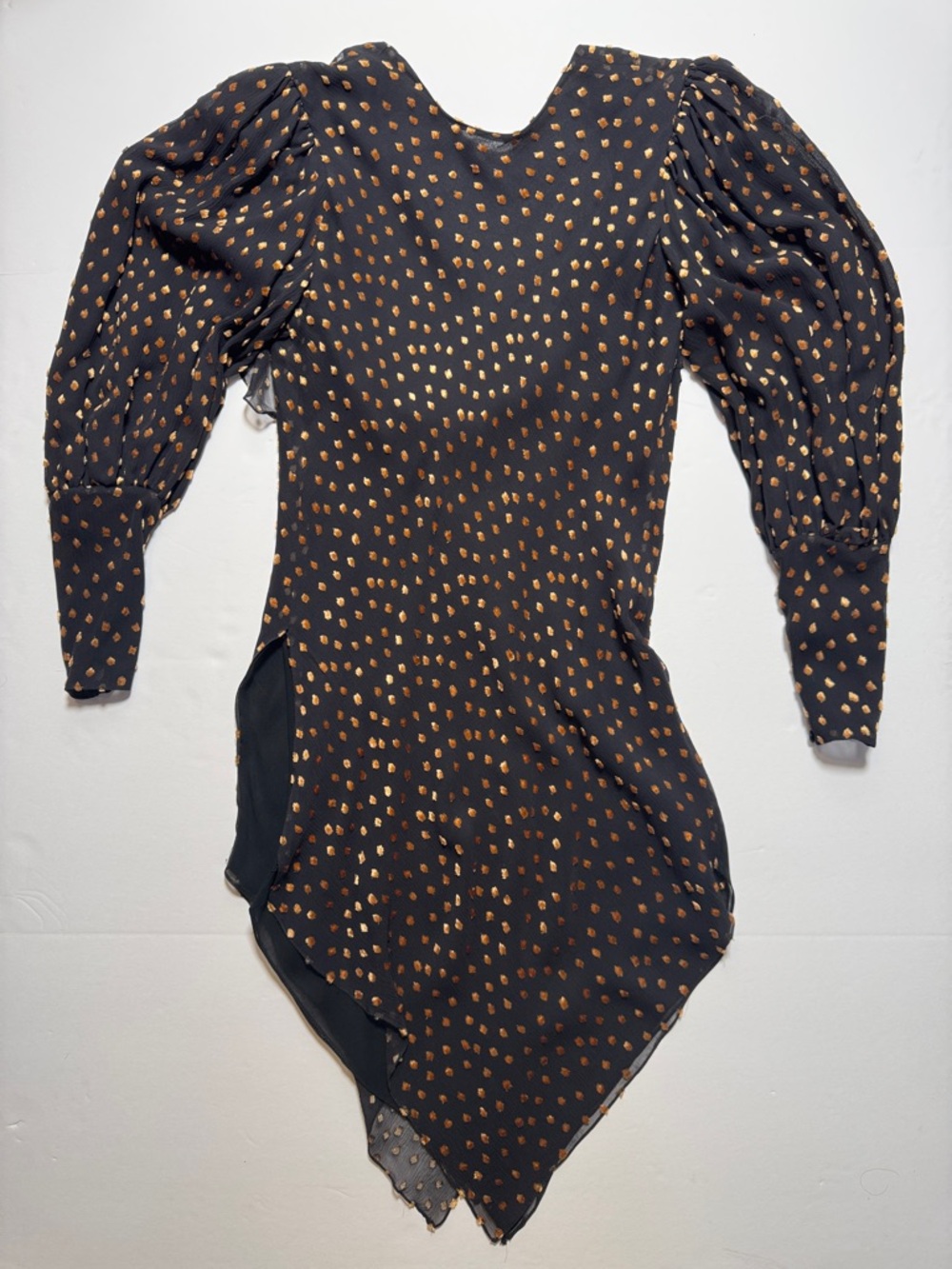 JUDY HORNBY Couture Silk Black Mini Dress‎ Gold Velvet Dot Print Angled Hem 12